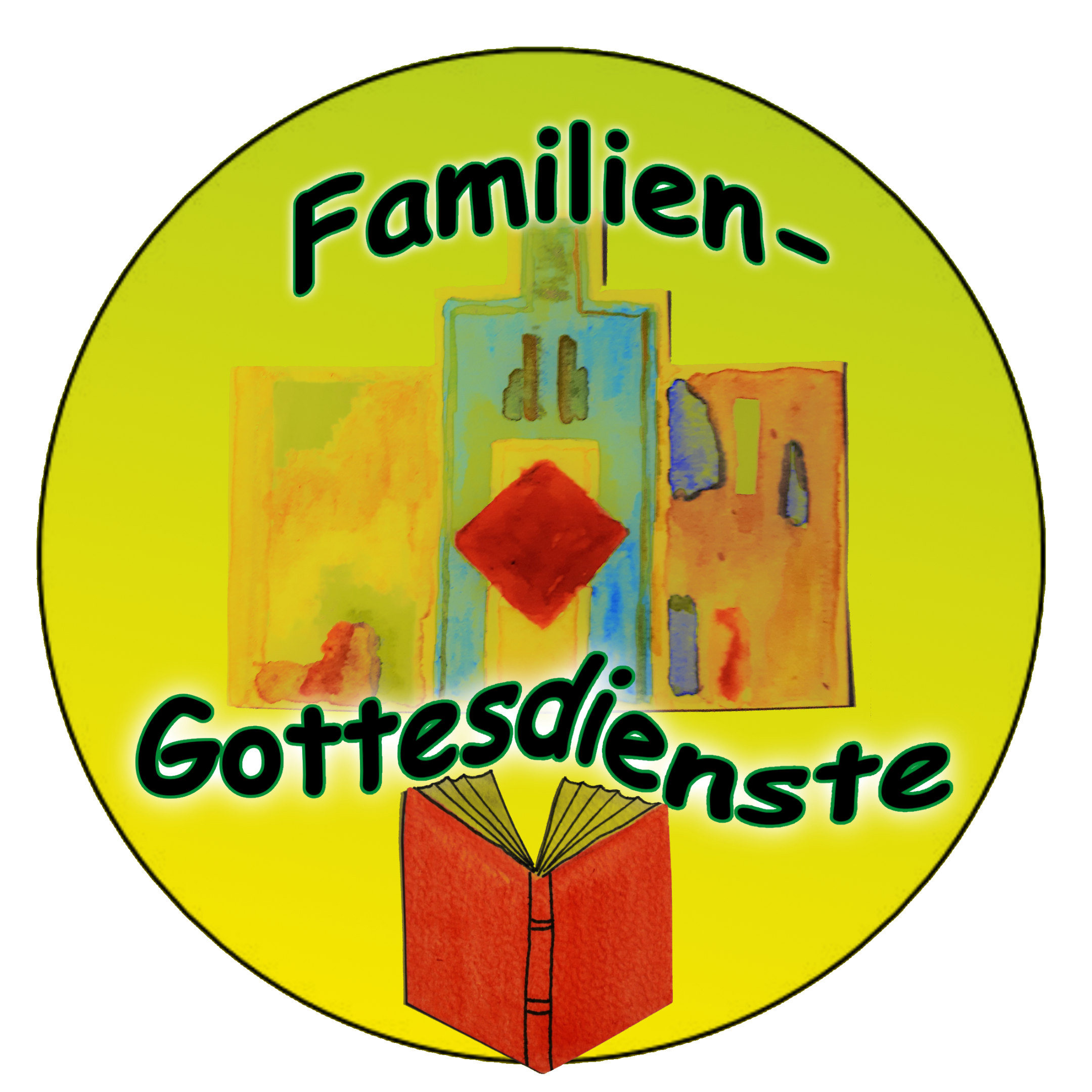 Kreisbild: Wort 'Familien-Gottesdienste', gemalt: stilisierter Altar und ein etwas aufgeschlagenes Buch