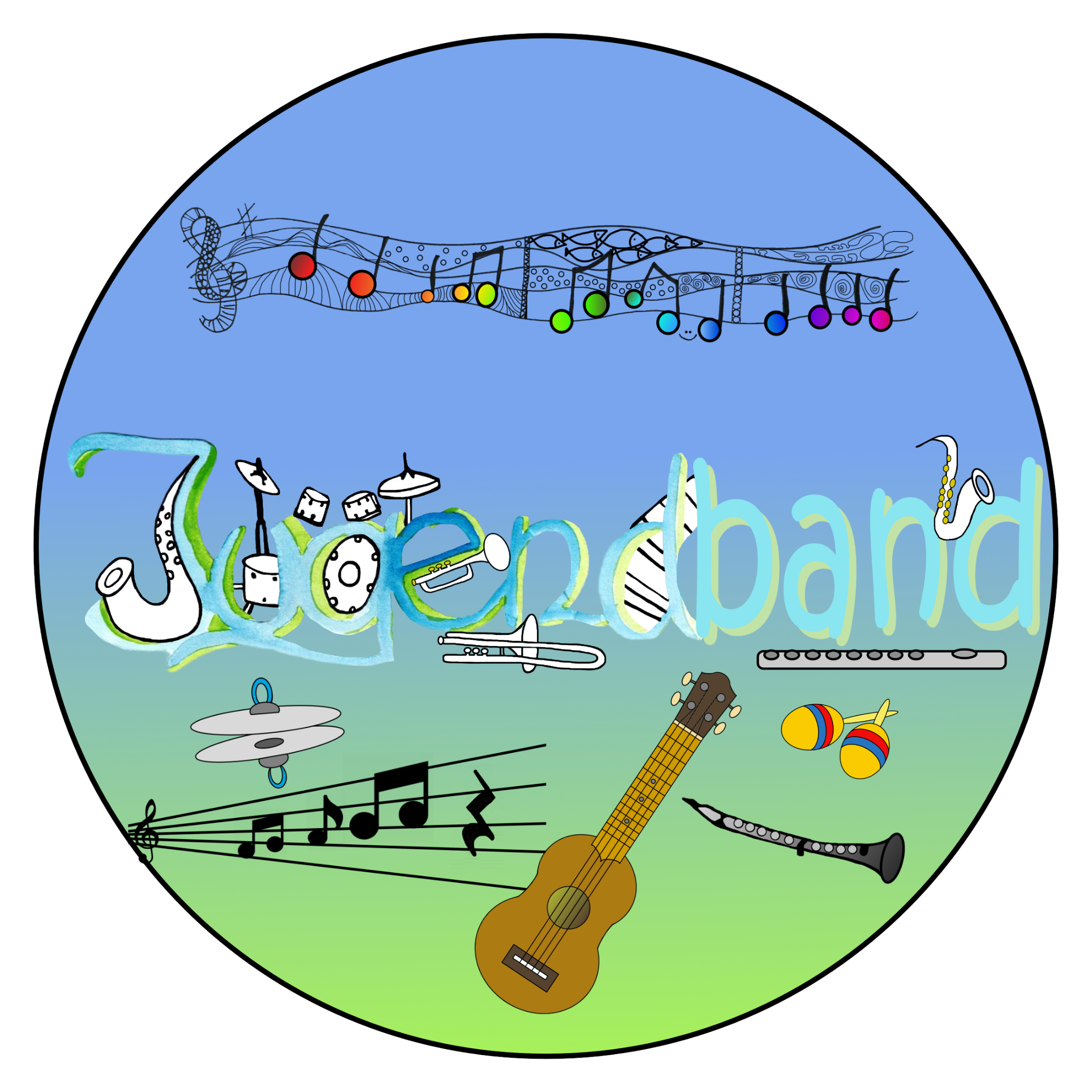 gemaltes Wort 'Jugendband' mit verschiedenen Zeichnungen von Instrumenten