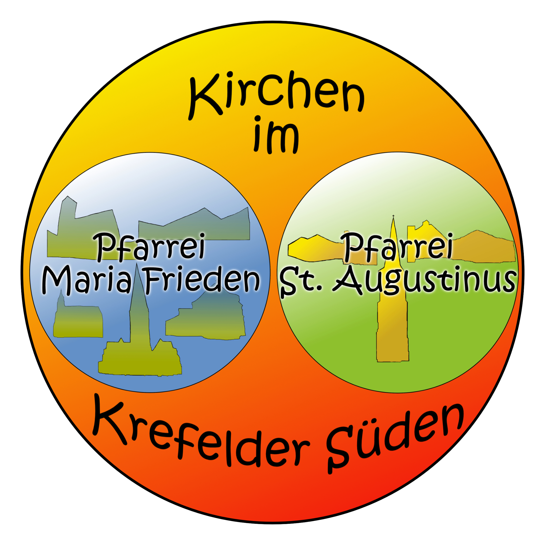 großer Kreis mit zwei kleineren Kreisen, darin die Silhouetten der Kirchen der beiden Pfarreien Maria Frieden und St. Augustinus