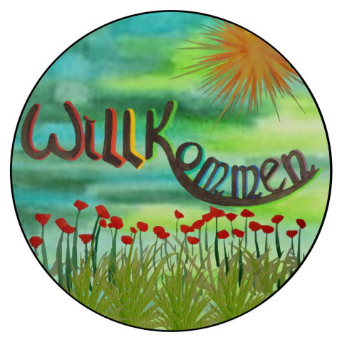 Kreis gemalt: Hintergrund in Grün- und Gelbtönen; Klatschmohnwiese und Gras davor, in der Mitte das Wort 'Willkommen', darüber die scheinendeSonne