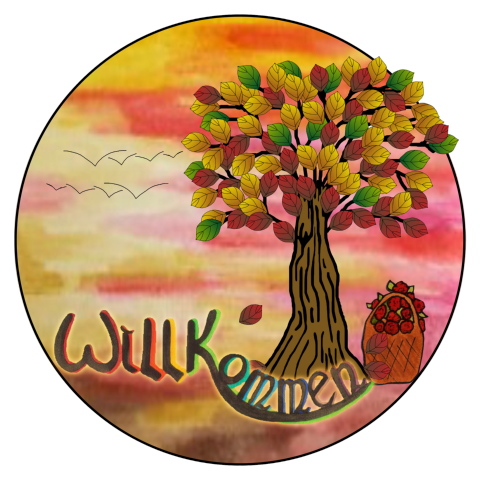 Kreis-Willkommen-Herbst Kreis, gemalt: Hintergrund in Rot- und Gelbtönen; unten das Wort 'Willkommen' mit einem Herbstbaum, daneben ein Korb mit Rosen