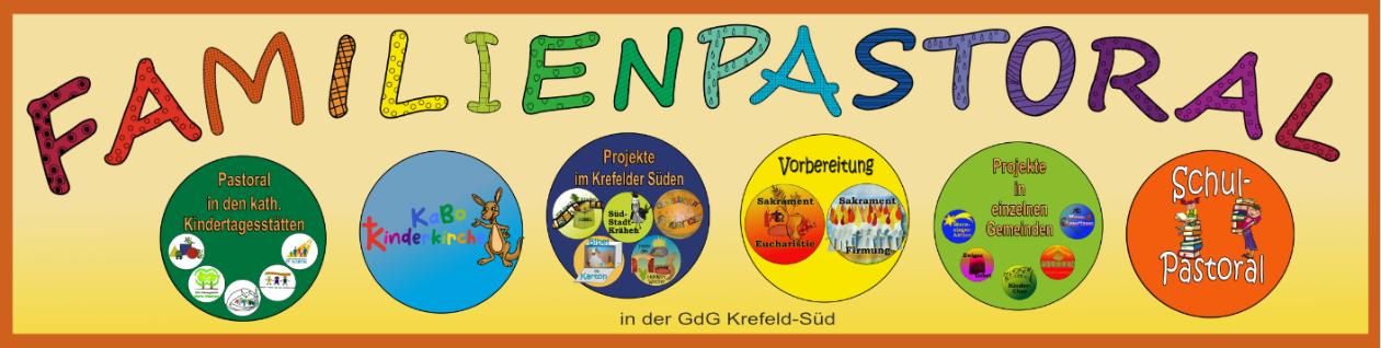 Rechteck, Wort 'Familienpastoral' mit sechs kleinen Kreisen mit Symbolen aus den verschiedenen Bereichen