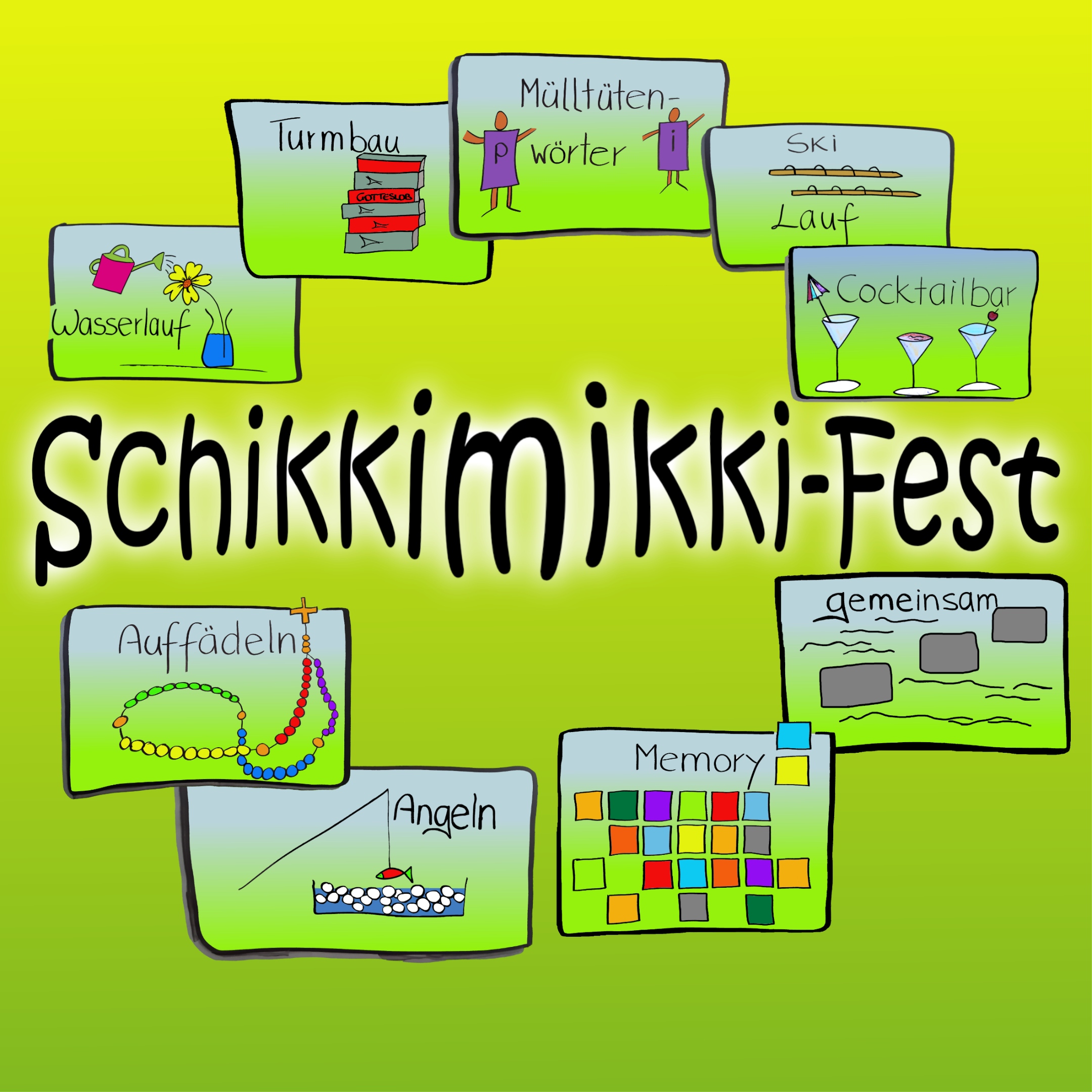 Schikkimikki-Fest: Plakat mit vielen Bildern rundherum